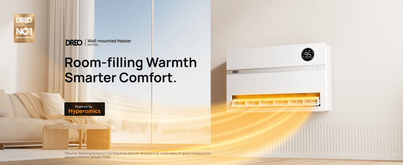 Dreo Smart Wall Heater, Electric Space Heater for Bedroom 1500W, 120° Vertical Oscillation, Adjustable Thermostat, Remote Control, 24H Timer, Easy-Mount Heater for Indoor Use, Works with Alexa, WH719S