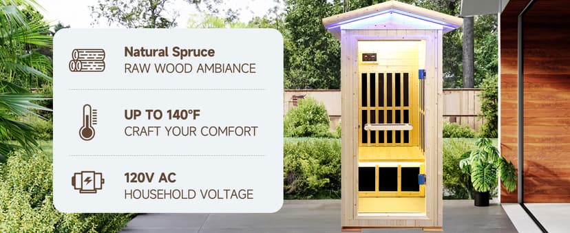 Outdoor Sauna 1 Person for Home Backyard Sauna Outdoor Infrared Sauna 1 Person Dry Sauna for Home Far Infrared Sauna Outdoor Spruce Wood Sauna 1300W Low EMF Single Person Infrared Sauna Room in Home