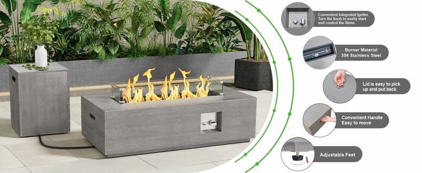 42" Rectangular Propane Fire Pit – 50,000 BTU Fire Table with Wind Guard Glass, Lid, Rocks and Cover – Backyard Fire Pits Outdoor – Propane Gas Fireplace for Deck or Patio (Grey, 42" Standard)