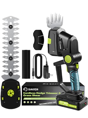 Saker Cordless Hedge Trimmer-20V Electric Shrub Trimmer Grass Shears Handheld Grass Cutter, Hedge Shear with 2 PCS Rechargeable Battery and Charger for Garden, Lawn