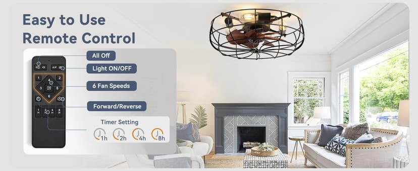 LEDIARY 20" Caged Ceiling Fans with Lights and Remote, Flush Mount Bladeless Ceiling Fan Low Profile, Small Farmhouse Industrial Enclosed Ceiling Fan with Light for Bedroom, Kitchen, Indoor