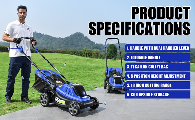Lawn Mower 40V Brushless 18" Cordless, 5 Cutting Height Adjustments Electric Lawn Mower, Quickly Folding Within 5’s, 4.0AH Battery and Super Charger Included.