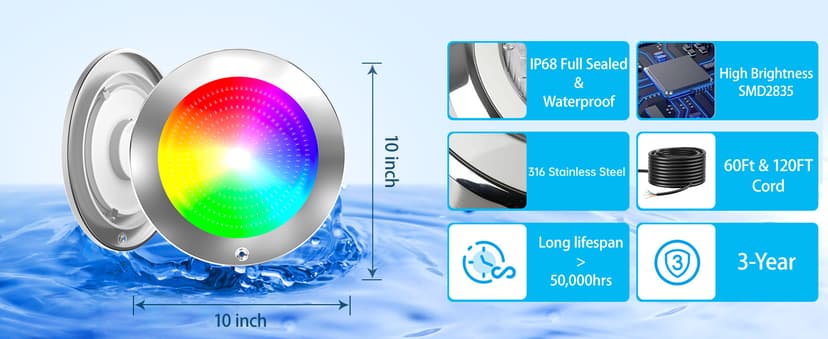 60ft Led Smart Pool Lights for Inground Pool with 3 Control Way (App/Remote/Controller), 54W 10 Inch Color Changing Underwater Swimming PoolLight for 10" Large Wet Niches