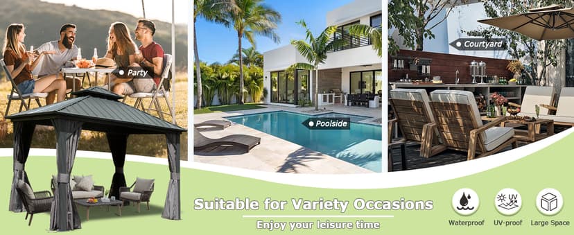 Domi 10' x 10' Hardtop Gazebo Outdoor Metal Gazebo with Galvanized Steel Double Roof Canopy, Curtains and Netting for Patio, Backyard, Deck, Lawn, Grey