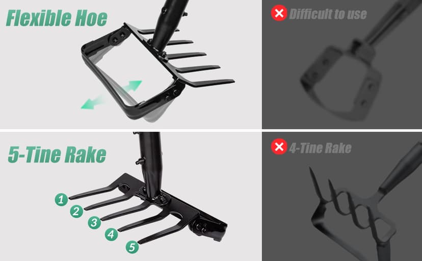 Suchtale 82 Inch Stirrup Hoe and 5-Tines Rake, Action Hoe for Weeding, 2 in 1 Scuffle Hoe with 37-82"Adjustable Handle, Hula Hoe Cultivator for Loosening Soil, Loop Hoe for Garden Weeding and Planting