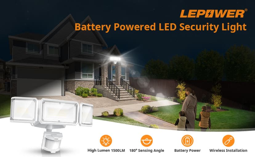 LEPOWER Battery Powered LED Flood Light Outdoor,1500LM Motion Sensor Security Lights, IP65 Waterproof,Wireless Flood Light Battery Operated,3 Head Motion Detector Light for Garage,Yard,Porch(White)