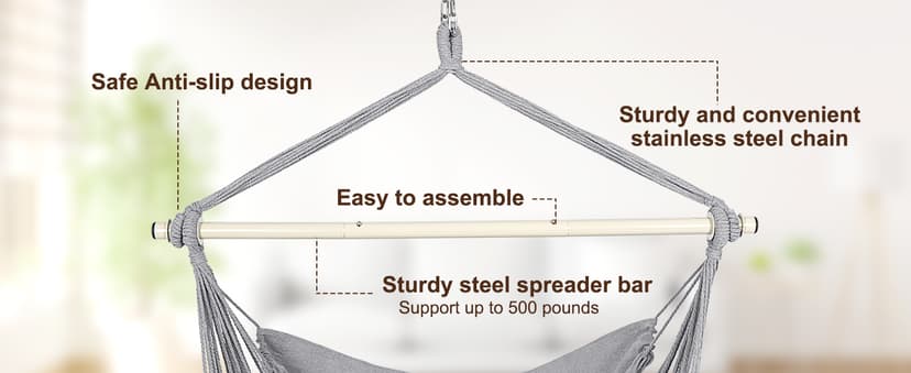 Y- Stop Hammock Chair Hanging Rope Swing Chair, Max 500 Lbs, 2 Seat Cushions Included, Removable Steel Spreader Bar with Anti-Slip Rings, Hardware kit-for Indoor or Outdoor(Light Grey)