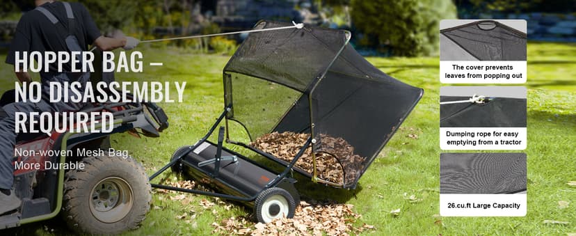 VEVOR 52 Inch Lawn Sweeper Tow Behind, 26 cu.ft. Large Pull Behind Grass Sweeper, Heavy Duty Leaf & Grass Collector with Dumping Rope Design, Adjustable Sweeping Height for Picking Up Debris & Grass