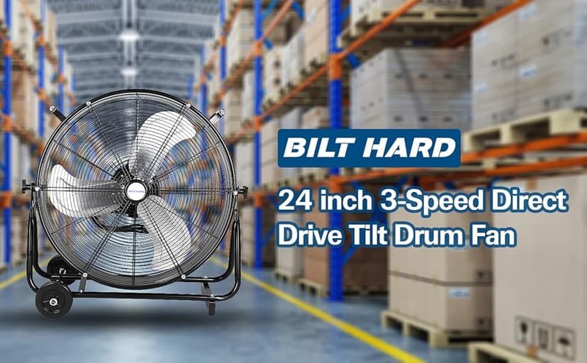 BILT HARD 24" 8100 CFM High Velocity Industrial Drum Fan, 3-Speed Heavy Duty Metal Shop Fan for Warehouse, Workshops, Garage, Factory and Basement - UL Listed