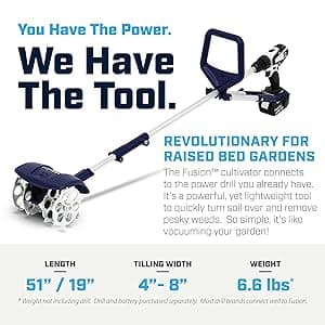 Fusion Drill-Powered Cultivator, Adjustable Tilling Width Up To 8”, Tilling Depth Up To 5.5”, Compatible With Most Cordless Drills, Adjustable Length, Model: 33061