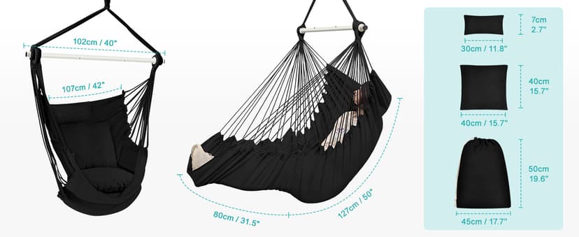 Outerman Hammock Chair, Hanging Chair with 3 Cushions and Foot Rest Support, Sturdy Metal Spreader Bar Max 500Lbs, Swing Chair for Bedroom, Indoor & Outdoor, Patio, Porch or Tree(Black)…