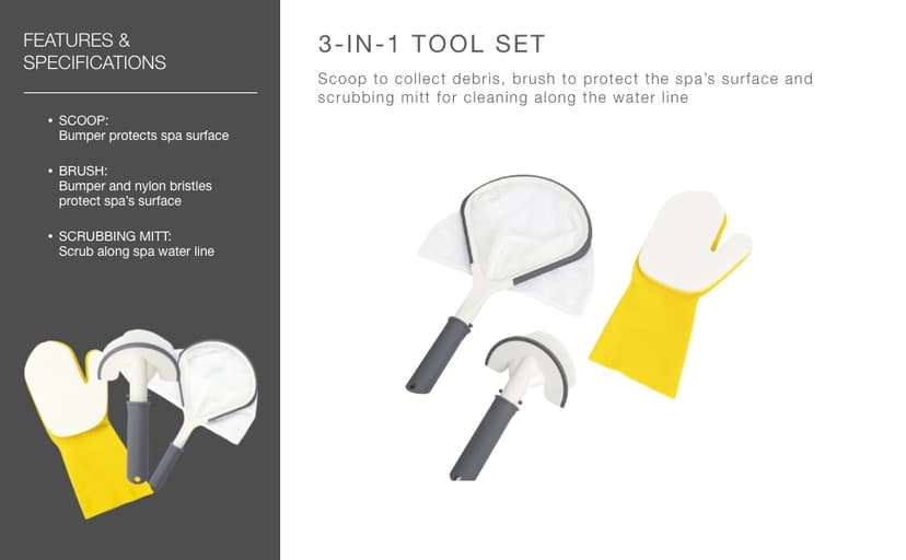 Bestway SaluSpa All-in-One 3 Piece Maintenance Cleaning Tool Accessory Set with Scrub Brush, Mitt, and Skimmer Net for Hot Tub and Spa