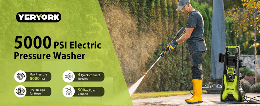 Pressure Washer, Adjustable 5000 Max PSI 2.5 Max GPM, Power Washer with 33 FT Hose Reel, Steel Wand, 500ml Foam Cannon, 4-Nozzle Set, Electric Pressure Washer for Cars, Fences, Patios