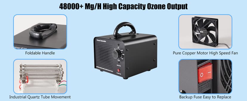 HHGM 48,000mg/h High Capacity Ozone Machine Generator, Commercial Industrial Quartz Tube Air Purifier, Ionizer & Deodorizer Ozone Odor Eliminator Suitable for Home, Car, Basements, Pets, Smoke, Farms