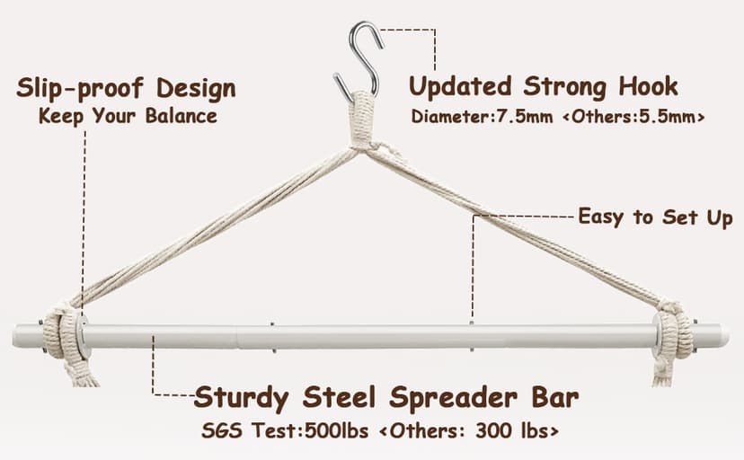 ADVOKAIR Hammock Chair Swing (500 lbs Max) - Hanging Hammock Chair Rope Swing Indoor for Bedroom, Outdoor, Patio, Bedroom, Porch, Deck - Sturdy Steel Bar with Anti-Slip Safety Rings