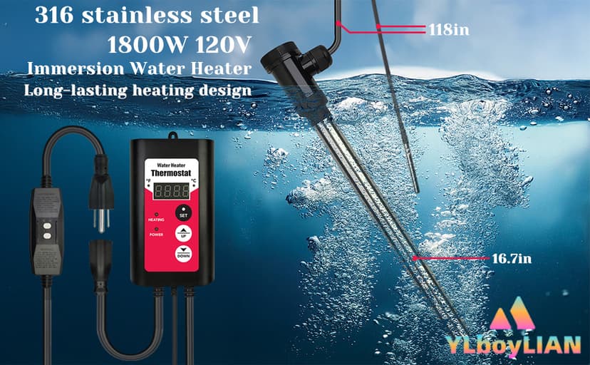 1800W Immersion Water Heater Portable Electric Hot Tub & Pool Fully Submersible Water Heater with Thermostat, GFCI Leakage Protection for Bathtub, Buckets, Swimming Pool, Baptistry, Pools