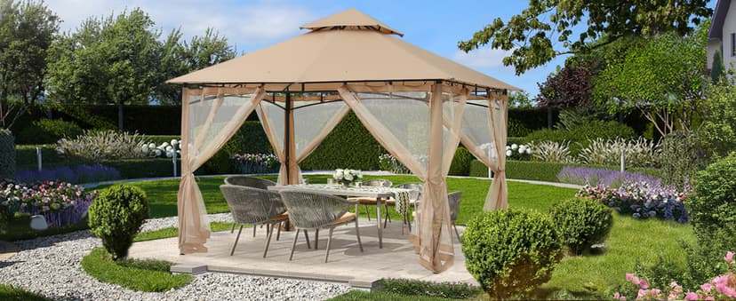 ABCCANOPY Gazebos for Patios 10x10 - Outdoor Steel Frame Gazebo with Mosquito Netting for Lawn Backyard Garden Deck (Khaki)