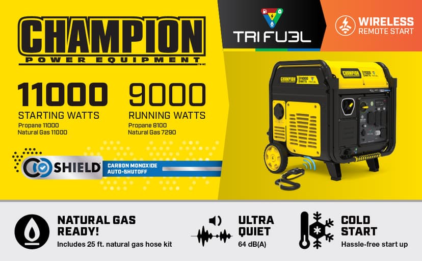 Champion Power Equipment 11,000-Watt Wireless Remote Start Tri Fuel Home Backup Portable Inverter Generator with Quiet Technology and CO Shield®