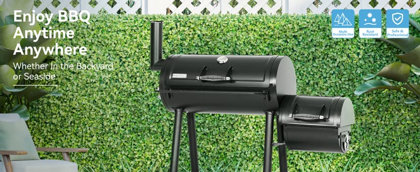 GREEN PARTY BBQ Charcoal Grill with Offset Smoker, 2 in 1 Smoker and Charcoal Grill combo, 512 Square Inch Space Barrel Charcoal Smoker Grill for Outdoor Camping Patio Backyard Cooking, Medium