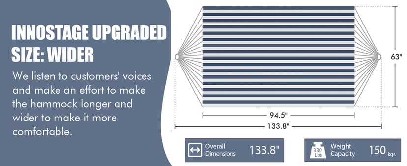 INNO STAGE Double Hammock - 2 Persons Portable Hanging Camping Bed, Blue, 118.3"L x 63"W, 350Lbs Capacity, Polyester, Supports Up to 350 lbs