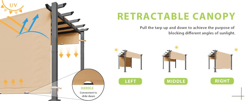 Aoxun 10'x10' Outdoor Pergola, Retractable Adjustable Roof, Aluminum Sun Shade Canopy, Modern Metal Patio Brown Shade Cover for Garden, Backyard and Deck