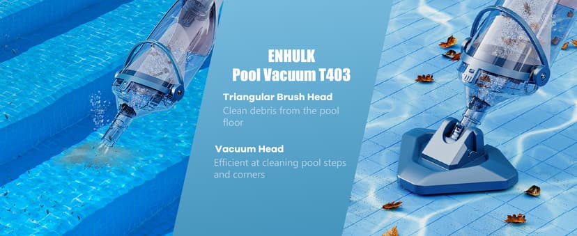 Pool Vacuum for Above Ground Pool with a Telescopic Pole, Running time up to 1H, T403 Handheld Rechargeable Pool Cleaner with Powerful Suction up to 18.5 gallons/min, Ideal for Leaves, Debris