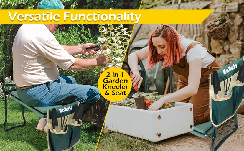 MaxWorks 50921 Folding Garden Kneeler Stool with 8 inch Wide Kneeling Pad, with 1 Tools Pouch for Planting and Gardening