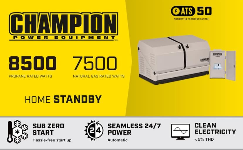 Champion Power Equipment 100177 8.5-kW Home Standby Generator with 50-Amp Outdoor-Rated Automatic Transfer Switch