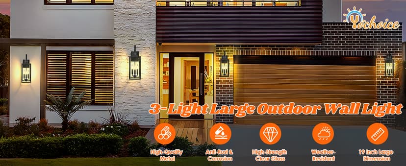 Outdoor Wall Light Fixture, 3-Light 19” Large Waterproof Outside Wall Mounted Sconce Light Fixture with Clear Glass Shade, Black Anti-Rust Exterior Wall Lantern for House, Front Porch, Garage