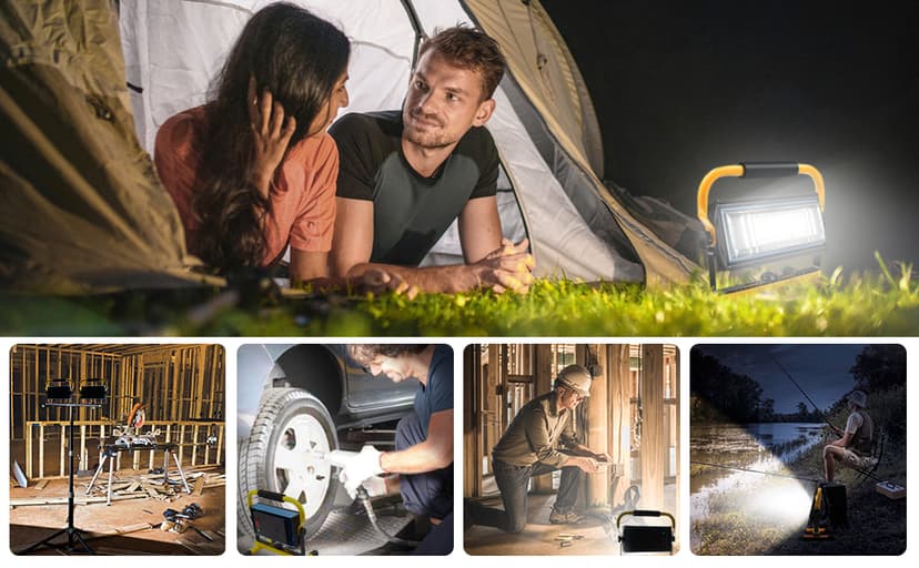 100W COB Rechargeable Work Light, 7000LM Cordless LED Work Lights, Waterproof Portable Flood Light with Stand for Outdoor Camping, Hiking, Garage, Car Repairing, Workshop Job Site Lighting