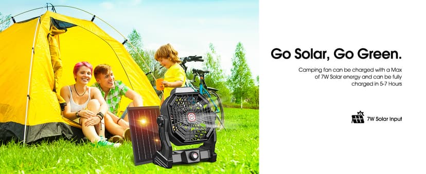 10400mAh Solar fan, Camping Fan with Solar Panel, 7W Rechargeable Solar Powered for Outside, LED Lantern, Stepless Speed and Quiet Battery Operated for Picnic, Barbecue, Fishing, Travel