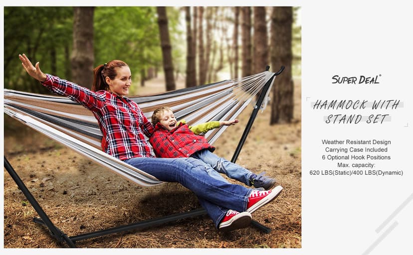 SUPER DEAL Portable 2 Person Hammock with 9FT Hammock Stand, 620 LBS Capacity Adjustable Hammock Bed with Space Saving Carrying Case Included for Camping Garden Backyard Patio Indoor Outdoor