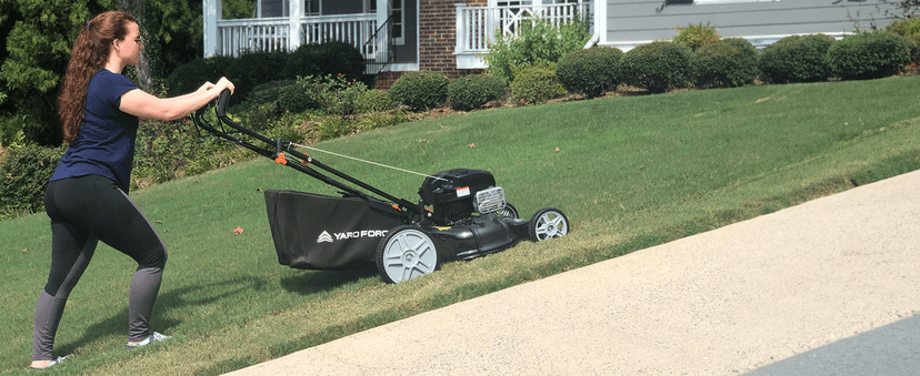 Yard Force Self Propelled Lawn Mower Briggs & Stratton 150cc Gas Engine 22-inch Steel Deck 3-in-1 Mulch, Bag, Side Discharge, 12-inch High Rear Wheels
