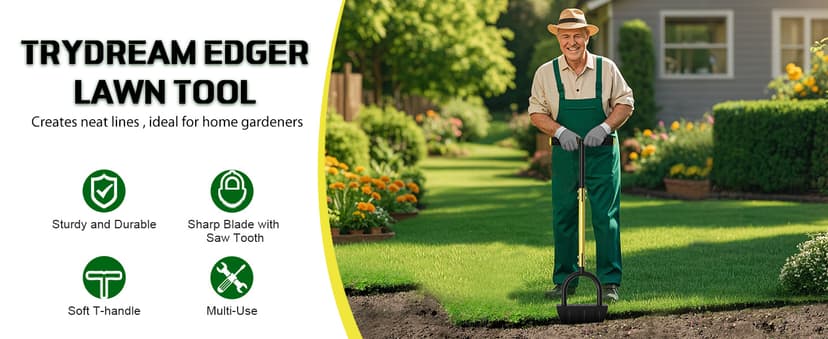 Lawn Edger Tool, Half Moon Tooth Edger with T-Grip Handle, 40-Inch Long Handled Sidewalk Grass Edger for Precise Lawn Edging and Land scaping