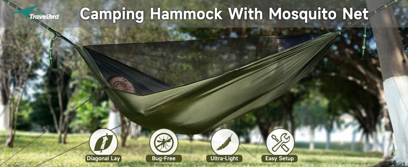 Camping Hammock with Mosquito Net and Ridge Rope, Extra Large for 2 Person, Lightweight Hanging Hammocks Tree Straps, All-in-one Fast Open Hammock for Outside, Hiking, and Travel