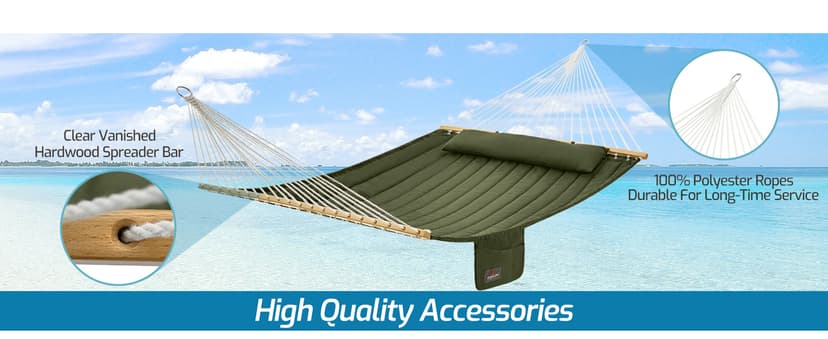 Double Quilted Fabric Hammock with Hardwood Spreader Bars and Pillow 450 LBS Capacity 2 Person Hammock Large Hammock for Outdoor Patio Backyard Poolside - Green