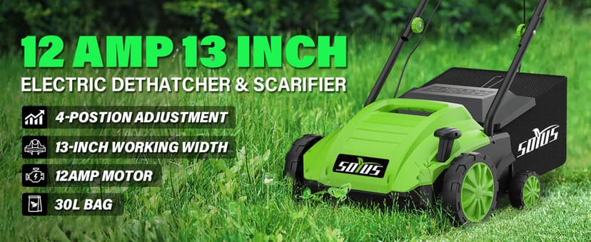 SOYUS Electric Dethatcher and Scarifier with 30L Collection Bag, 13-Inch 12 Amp 2-in-1 Corded Lawn Dethatcher with 4-Postion Depth Adjustment, Quick-Fold, Increases Lawn Health