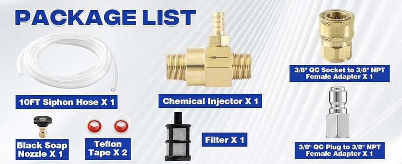 JOEJET Downstream Injector for Pressure Washer, Fixed Chemical Injector Kit with 3/8 Inch Quick Connect, 3-5 GPM