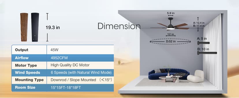 addlon Ceiling Fans with Lights, 52 inch Black Ceiling fan with Light and Remote Control, Reversible, 3CCT, Dimmable, Noiseless, Ceiling Fan for Bedroom, Farmhouse, living room, Indoor/Outdoor Use