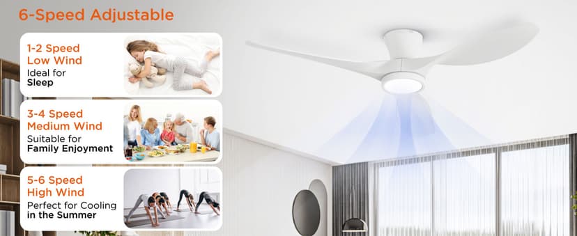 TALOYA 52 inch Ceiling Fans with Lights Remote Control, Modern Low Profile Ceiling Fan with Quiet Reversible DC Motor for Bedroom Living Room and Patio White