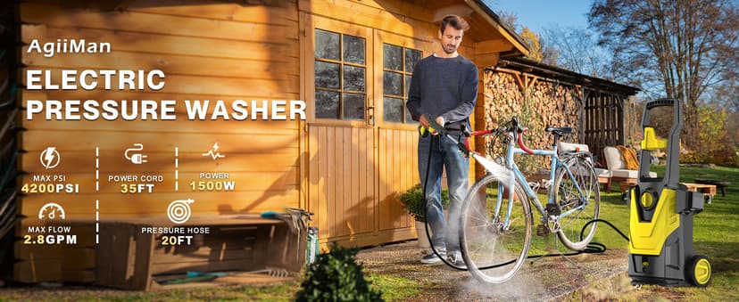 AgiiMan Electric Pressure Washer, 4800PSI Max 3.2GPM Power Washer Electric Powered with 20FT Hose, 4 Nozzles, Foam Cannon, High Pressure Cleaner Machine for Cars, Patios, Driveways, Fences, Yellow