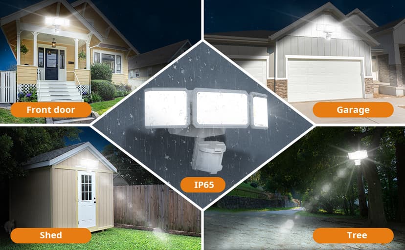 LEPOWER Battery Powered LED Flood Light Outdoor,1500LM Motion Sensor Security Lights, IP65 Waterproof,Wireless Flood Light Battery Operated,3 Head Motion Detector Light for Garage,Yard,Porch(White)