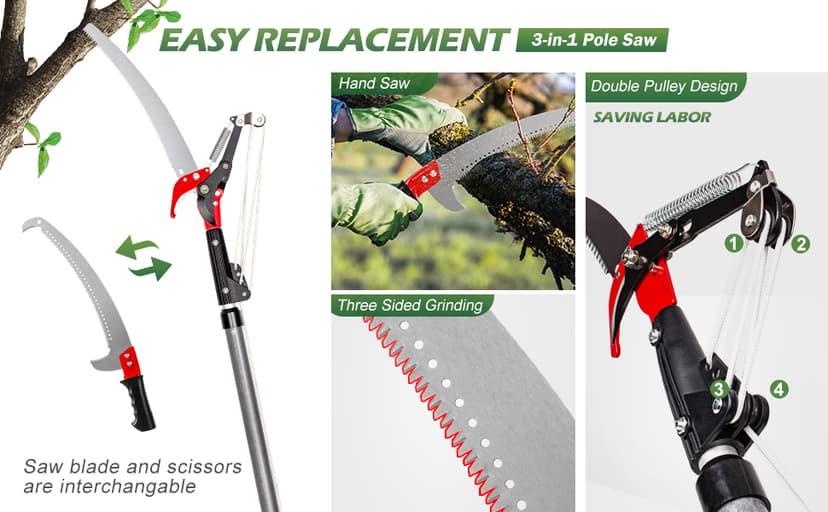 Walensee Pole Saws for Tree Trimming,7.2-27FT Extendable Tree Pruner,Manual Branch Timmer with Blade and Scissors High Branches Pruning Fiberglass Pole Pruner and Cutter Garden Tool with Storage Bag