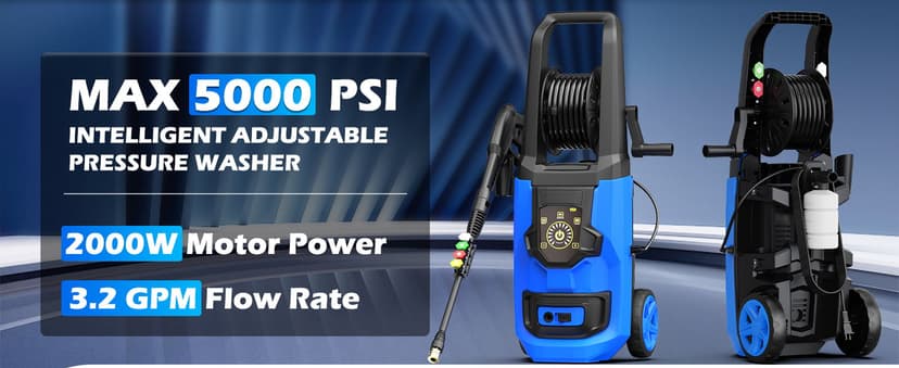 Pressure Washer, 5000PSI 3.2GPM Adjustable Touch Screen with 55FT Total Length Power Washer Electric Powered 4 Nozzles for Driveways Furniture or Cars 2000W