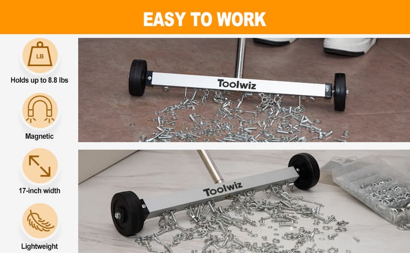 Toolwiz Magnetic Pick Up Sweeper 17-inch Heavy Duty Magnet Pickup Lawn Sweeper Roofing Tools, 8.8 Lbs Yard Tools with Telescoping Holder and Wheels to Clean Nails Adjustable Handle for Construction