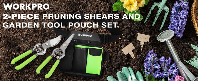 WORKPRO 2-Piece Pruning Shears and Garden Tool Belt Set, Gardening Belt with 5 Pockets and Adjustable Waist Belt, 8" Bypass Garden Shears and 8'' Handing Pruner with Steel Straight Blade