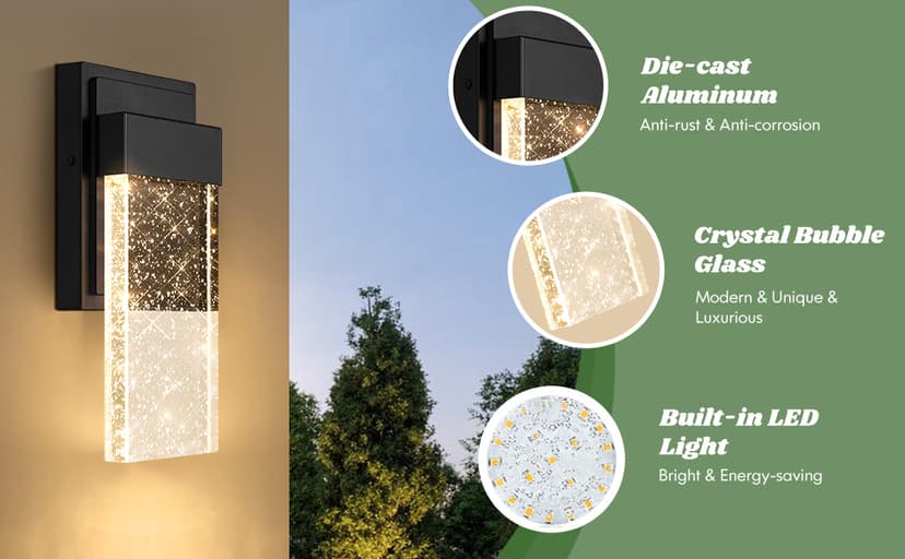 BesLowe Outdoor Wall Light Fixtures with Crystal Bubble Glass, Waterproof Exterior Sconces LED Wall Lanterns, Porch Lights Wall Mounted 10W 3000K Outside Lights for House Front Door Garage Entryway