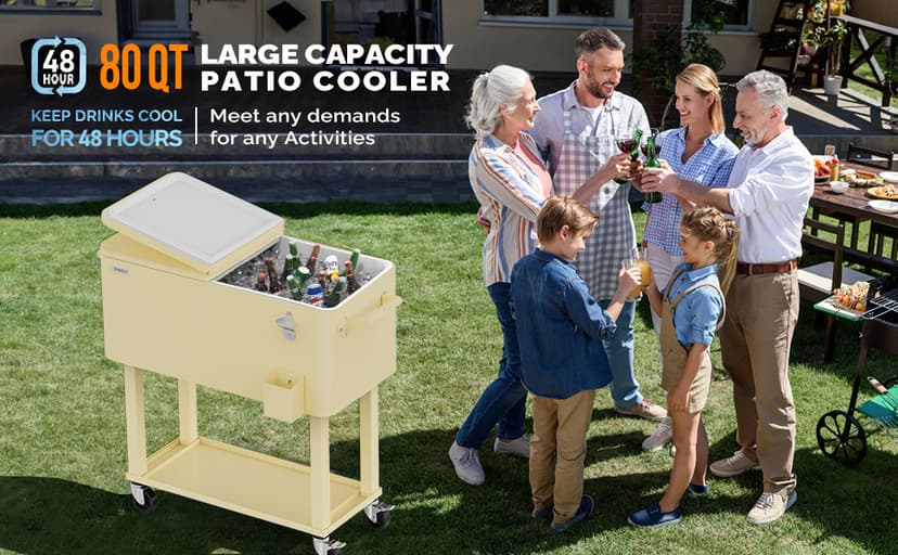 VINGLI 80 Quart Rolling Ice Chest, Portable Patio Party Bar Drink Cooler Cart, with Shelf, Beverage Pool with Bottle Opener