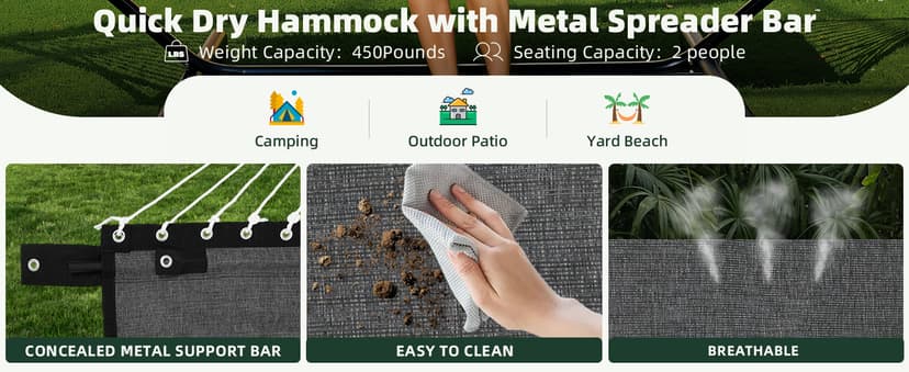 Patio Watcher 13 FT Quick Dry Olefin Hammock - Outdoor Double Hammock with Metal Curved Spreader Bars - 450 lbs Capacity - Dark Grey
