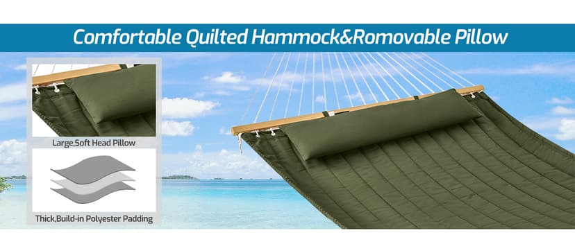 Double Quilted Fabric Hammock with Hardwood Spreader Bars and Pillow 450 LBS Capacity 2 Person Hammock Large Hammock for Outdoor Patio Backyard Poolside - Green